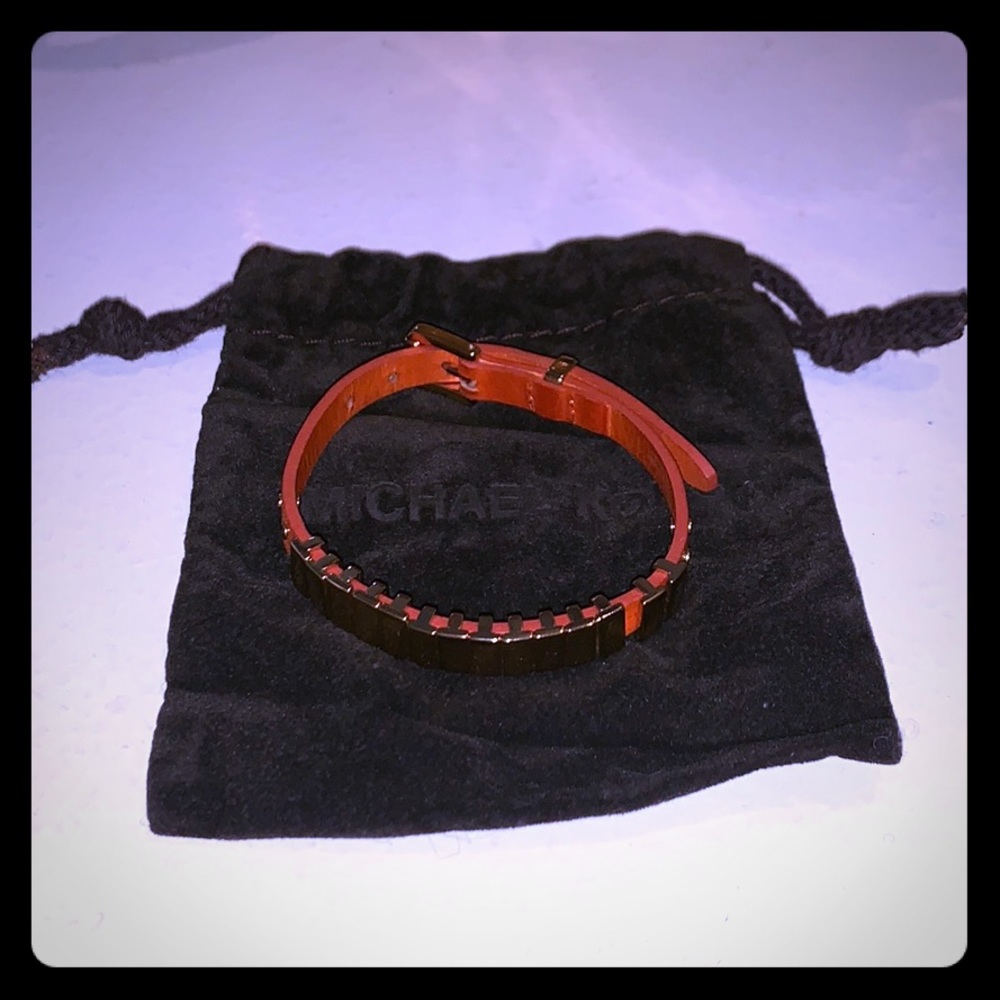 MK orange leather & gold stainless steel bracelet